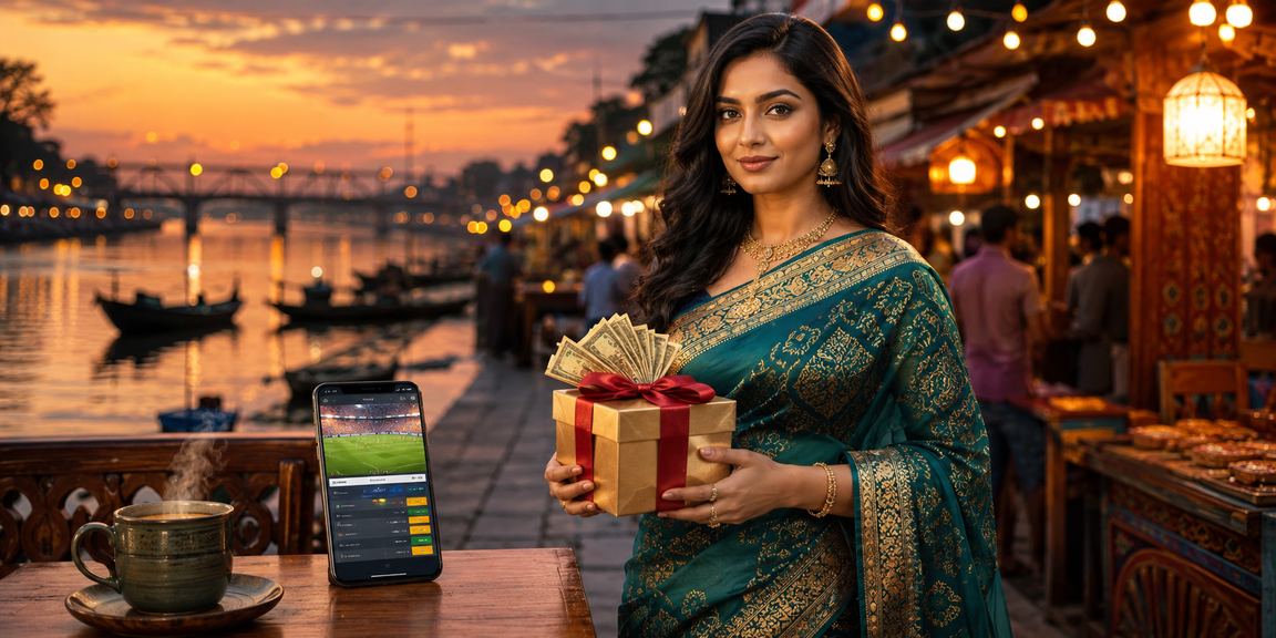 User playing casino games on mobile at a night market in Bogura