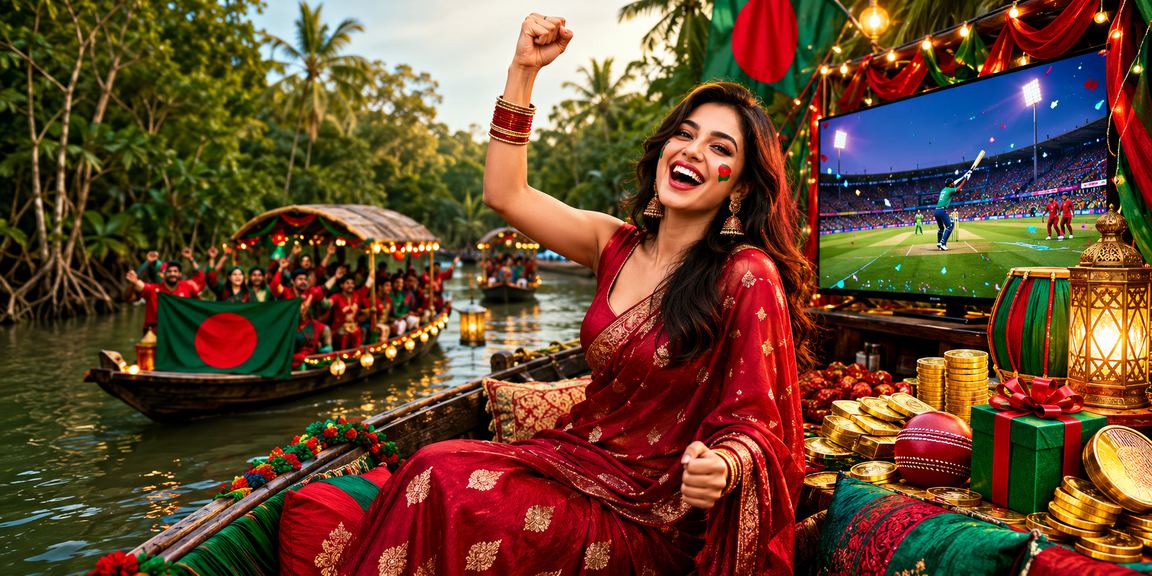 Cricket Betting Against a Red and Green Background in a Sundarbans Setting